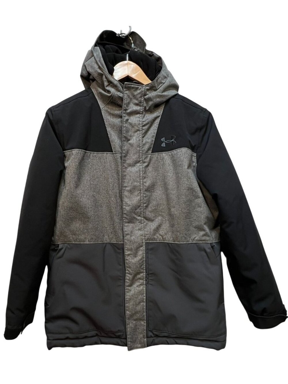 Under Armour Youth ColdGear Insulated Hooded Jacket Long Sleeve Sz L Black Gray